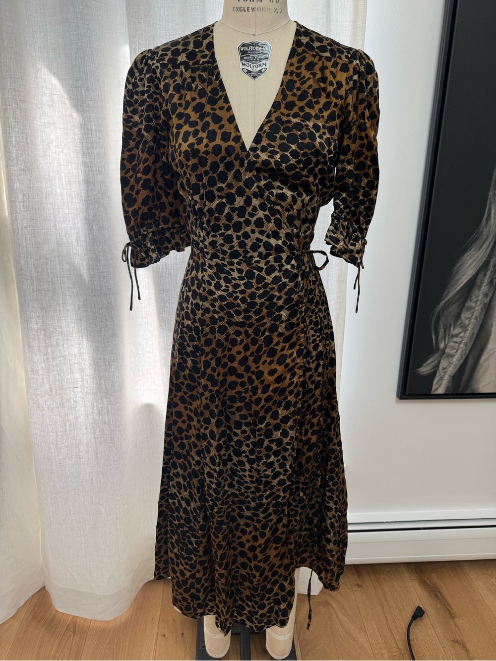 The Kooples Black and Brown Leopard-Print Midi Wrap Dress